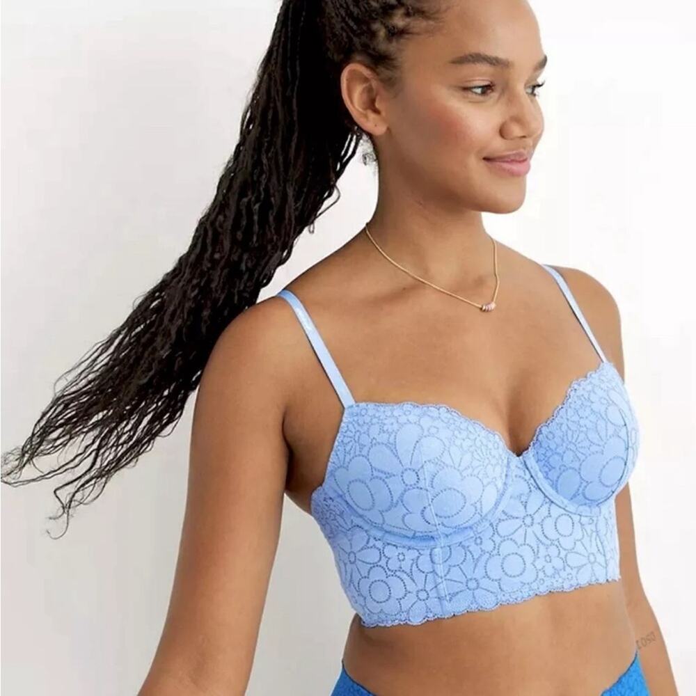 Aerie Demi Short Corset Lightly Lined Periwinkle Blue Flower Size 36D, NWT